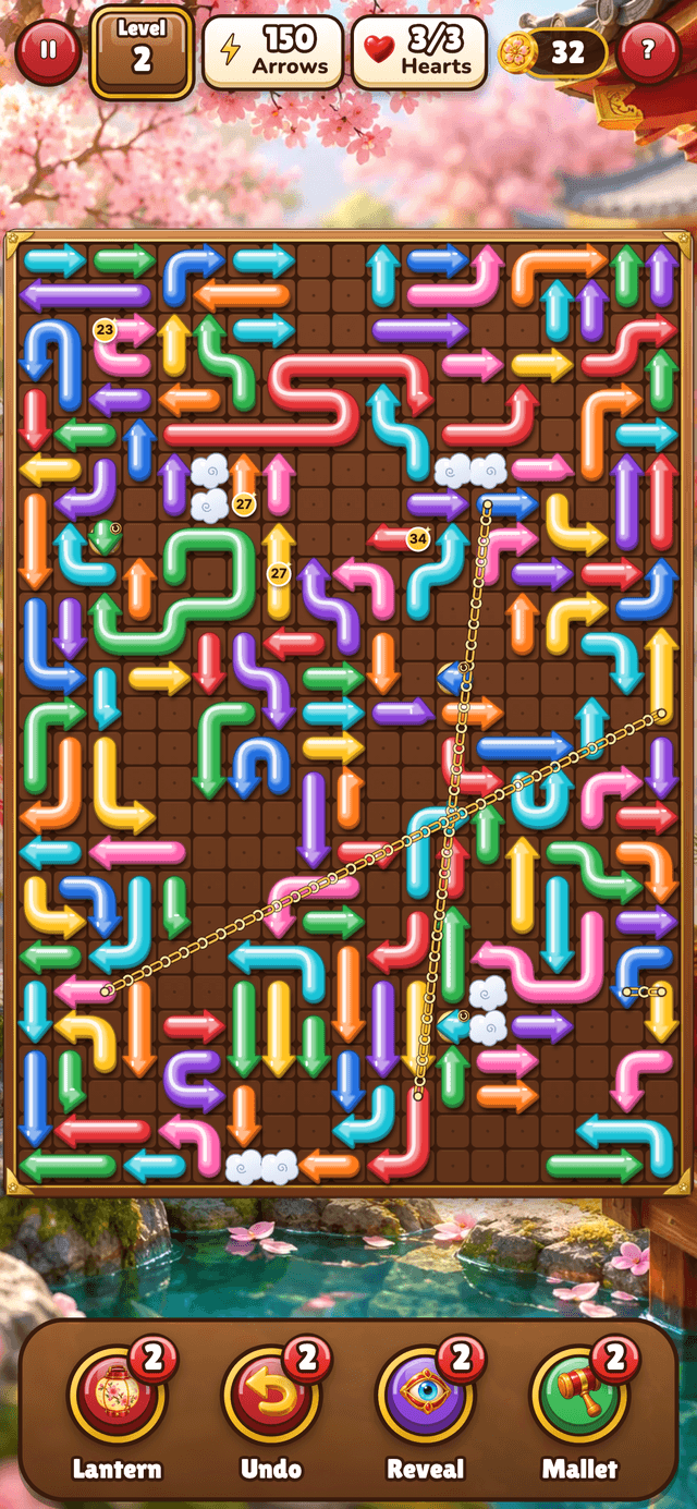 A full Courtyard Arrows board in its fit-to-screen view: long and bent arrows, a linked pair joined by a chain, hearts and arrows-left counters, and four boosters below