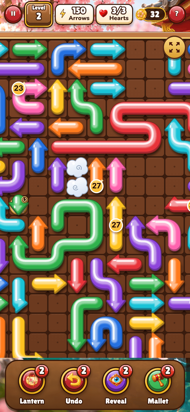 A zoomed Courtyard Arrows board with numbered fuse markers on the arrows