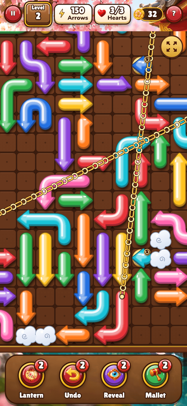 A zoomed board showing linked arrows joined by golden chains