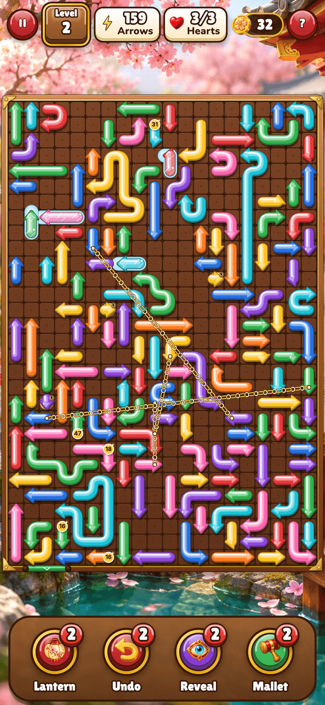 A dense Master-track board with many bent arrows and several linked pairs